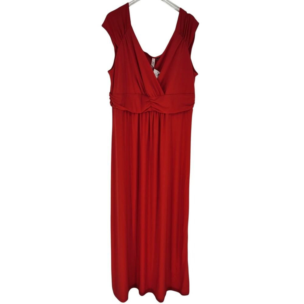 NY Collection Plus Size 1X Red Ruched Empire Waist V-Neck Maxi Dress NEW NWT